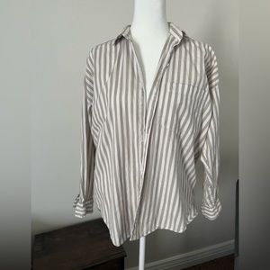 PARADISE | Tan & White Striped Boxy Button Up Long Sleeve Top